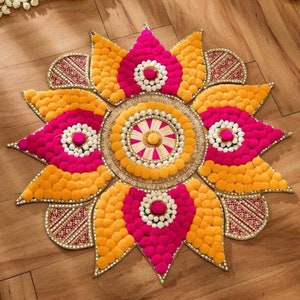 Estetiskt Rangoli-set, Pom Pom, Gota och spegel, festlig heminredning, inflyttningsdekor till entrén, bröllopspresent, Diwali-dekor, tebjudningsdekor