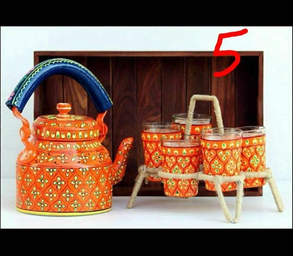 Indian Hand Painted Teapot, Tea Kettle 1 Ltr, Jute Stand and 6