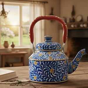 Hand-Painted Enamel Tea Kettle | Indian Floral Chai Pot
