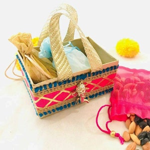 Gift Basket & 3 Potli Bags, Indian Wedding/ Housewarming/ New Home/ Baby Shower Favor, Dholki/Mendhi/Ganesh Pooja/ Diwali Return Gift Hamper