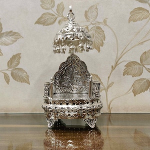Hand Engraved Singhasan for Hindu God, Deity, Vyasasana for Pooja Mandir Temple, Religious Throne,Idol Metal Chowki,Antique Silver Puja Item