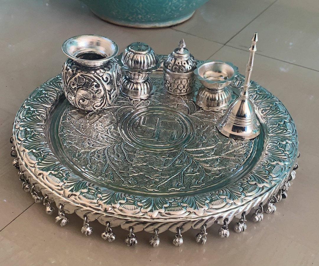 Indian Silver Plated Pooja Thali Set for Hindu Diety Worship, Aarti