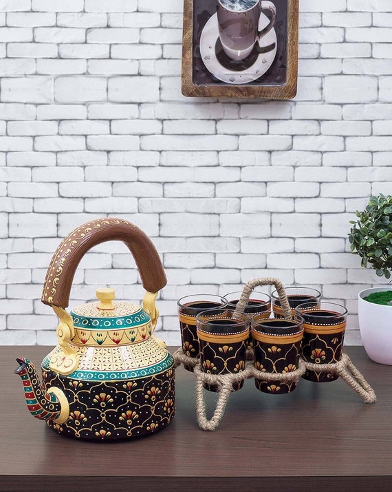 Indian Hand Painted Teapot, Tea Kettle 1 Ltr, Jute Stand and 6