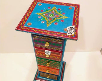 Handmade Wooden Chest of Drawers, Treasure Chest, Boho Nightstand Organizer, Indian Side Table, End Table, Hand Painted Colorful Furniture