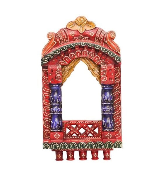 Hand Carved Wooden Jharokha Frame, Rustic Indian Wall Art (16x9x2