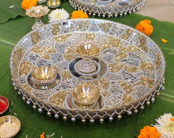 Karwa Chauth & Diwali Pooja Thali with Diya, Handmade Aarti Plate with Mirror Work | Hindu Festival Decorative Item, Hindu Prayer Plate USA