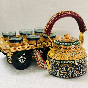 Handmade Gift For Him, Tea Kettle, Hand Painted 1 Ltr Tea Pot with 6 glasses & Jute Serving Stand, Stone Studded, Indian Kitchen Decoration