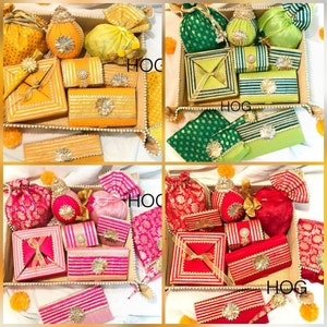 Indiase handgemaakte Trousseau Set Bruiloft Sagan Hampers Bruid geschenken Bruid als Hampers Schoondochter Gifting Sets Saree Bangles Mystery Box