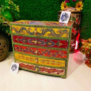 Wooden Chest Of 5 Drawers Hand Painted Jewelry Trinket Boxes Dressers Furnitures Boho Decor Vintage Handmade Office Bedroom Desk Organizers