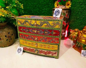 Wooden Chest Of 5 Drawers Hand Painted Jewelry Trinket Boxes Dressers Furnitures Boho Decor Vintage Handmade Office Bedroom Desk Organizers