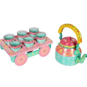 Summer Party Decoration, Chai, Hand Painted Indian Tea Kettle with 6 glasses & Serving Tray, Kitchen Decor Gift, Floral Painting Tea Pot Set