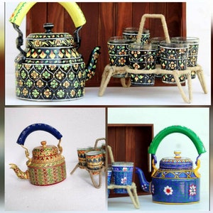 Tea Serving Set, Indian Hand Painted Traditional Colorful Tea Pot with 6 Glasses & Stand Set, Rustic Home/Farmhouse Kitchen Summer Decor Art