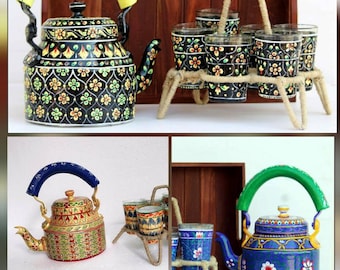 Tea Serving Set, Indian Hand Painted Traditional Colorful Tea Pot with 6 Glasses & Stand Set, Rustic Home/Farmhouse Kitchen Summer Decor Art