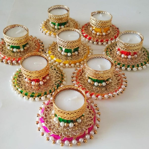 Rangoli Set for Diwali Decor, Tealight Holder, Beaded Pearls, Home Decoration, Housewarming favor, Wedding Gift, Tea Party Front Door Decor