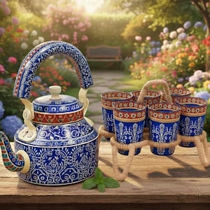 May include: A blue and white patterned teapot with matching glasses in a woven carrier. The teapot has a curved handle and a decorative spout. The glasses and teapot are on a wooden table, with a garden in the background.