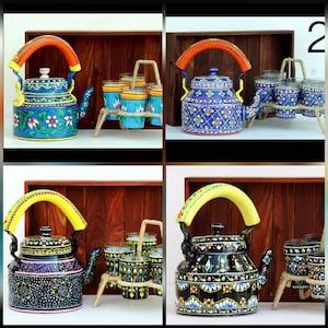 Valentines Day Gift For Her, Indian Hand Painted Unique Teapot with 6 Glasses and Jute Stand Set, House Warming Gift, Chai Party Tea Kettle