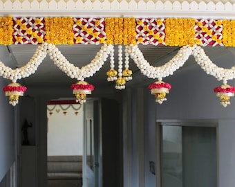 Diwali Bandhanwar, Mantel Fireplace Thoran, Artificial Indian Flower Toran, Pearls Tassel Hanging, Entryway Decoration, Pooja Mandir Decor