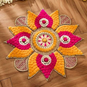 Indian Floral Rangoli Set, Gota Patti & Pom Pom, Navratri Pooja Table Decor, Indie Room Decor, Wedding Event Diwali Decoration, Kolam Mats