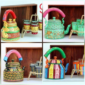 Tea Serving set, Handpainted Desi Colorful Teapot with 6 glass and Jute Stand Set, Indian Collectible Art, Tea Lovers Gift, Chai Coffee Cup