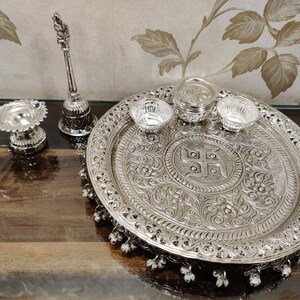 Indian German Silver Pooja Thali Set for Hindu Diety Worship Puja Room ...