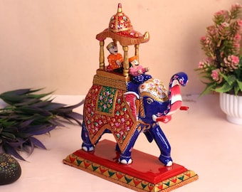 Indian Handicraft Home Decor Item, Metal Elephant Statue with Meenakari Work, Animal Sculpture, Rajasthani Hand Painted Gifts for Art Lovers