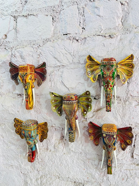 Handmade Painted Indian Elephant Head Wall Mount, Mango Wood