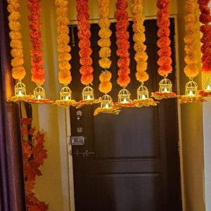 Indian Marigold Flowers Garlands with Cages, LED Lights Holder, Nursery / Front Door / Entryway / Terrace / Balcony Decoration, Diwali Decor