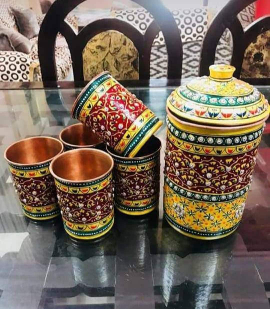 Hand Painted Gifts for Indian Mom Copper Water Jug Pitcher & 6 Copper