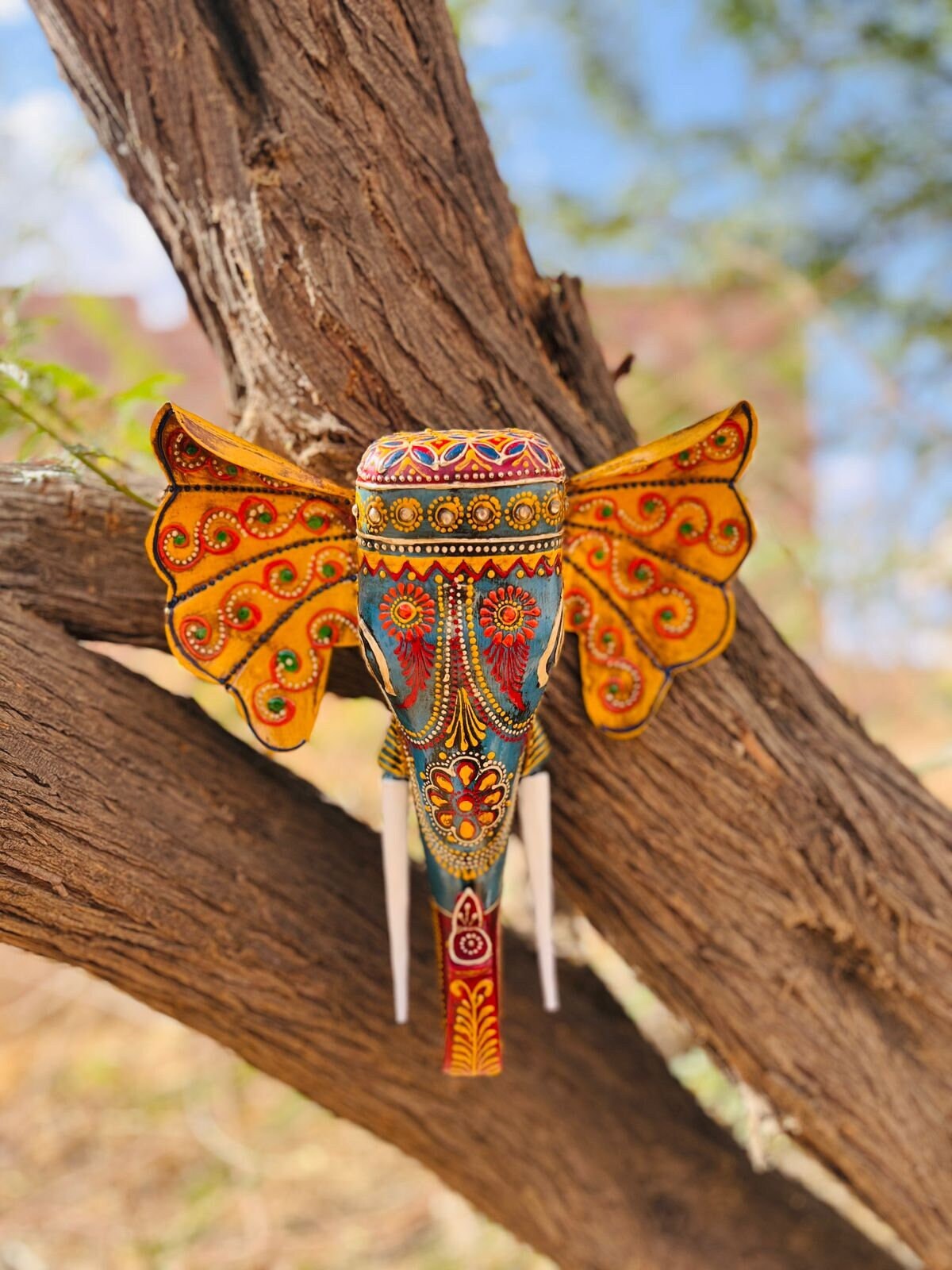 Handmade Painted Indian Elephant Head Wall Mount, Mango Wood