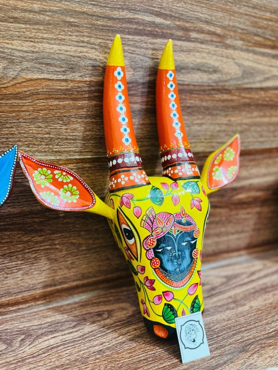 Wooden Cow Head, Indian Handcrafted Wall Art Decor, Handmade Wall Hanging, Hindu Nandi Bull, Hand Painted Boho Cow Statue, Animal Lover Gift