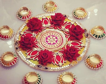 Diwali Rangoli Decoration, Lotus & Gota Patti, Tealight Wax Warmer, Tabletop Fireplace Mantel, Rangoli Candle Set Gift, Pooja Mandir Decor