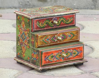 Wooden Chest Of 3 Drawers, Keepsake Indian Hand Painted Trinket Box, Dressers Furniture, Boho Decor, Handmade Office, Bedroom Desk Organizer