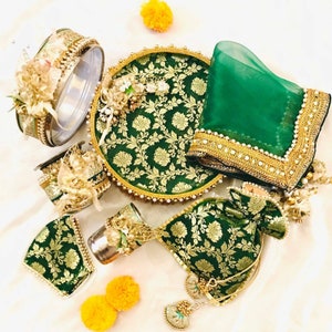 Karwachauth Thali Set, Indian Pooja Thali, Channi, Lota, Potli, Thali Cover for Karwachauth Festival, Bride Ritual Kit, Daughter In Law Gift