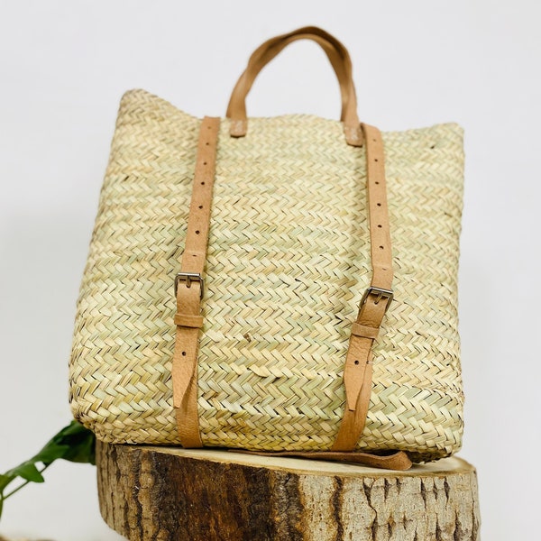 Moroccan Straw baskets Backpack with leather handles French Basket Moroccan Basket straw bag french market basket Beach Bag straw bag