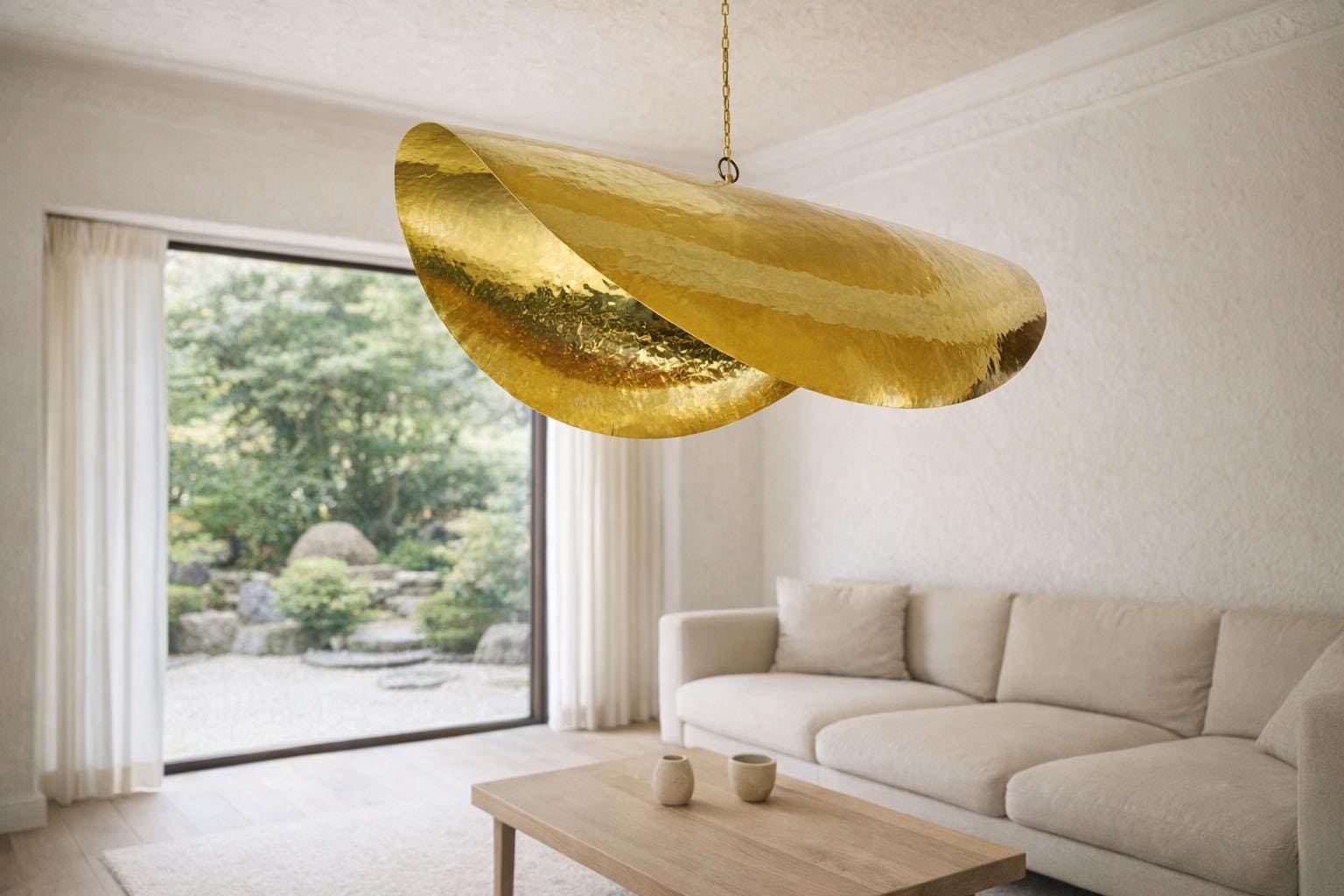 Sculptural Lotus Leaf Pendant Lamp, Large Hammered Brass Light, Organic ...