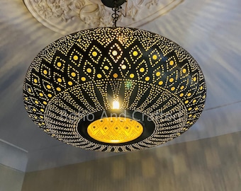 Moroccan Brass Pendant Light, Pierced Metal Ceiling Lamp, Moroccan Lantern Pendant,Shadow Pendant Light, Woven Outdoor Shades for Home Decor