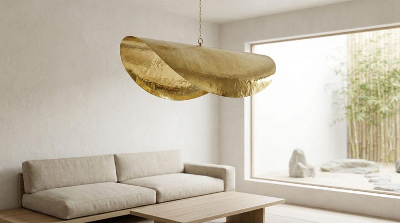 Sculptural Lotus Leaf Pendant Lamp, Large Hammered Brass Light, Organic ...
