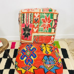 The, Moroccan Kilim Pouf, Floor Pouf, Vintage Moroccan Ottoman, Beni Ourain Square Pouf,Yoga Meditation Cushion,Outdoor Red Kilim Pillows