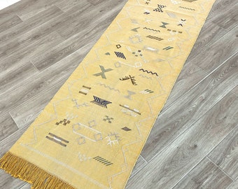Light Yellow  Customized Moroccan Cactus Silk Runner, Rug Carpet, Natural Lighting Colors Tribal motifs,Hand Woven Morocco's Atlas Mountains