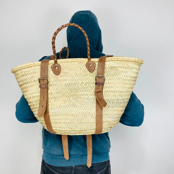 Hipster Moroccan Straw baskets Backpack with leather handles French Basket Moroccan Basket straw french market basket Beach Bag straw bag