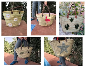 Moroccan 5 Design Straw basket with leather handles French Basket Moroccan Basket straw french market basket Beach Bag straw bag