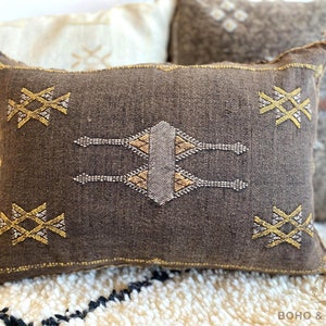 Boho Trendy Dark Bark Cactus Silk 13x21&quot; Lumbar Throw, Hand Woven by Berber Women Moroccan Pillow Sabra Cushion Cover, Optional Inner Pillow