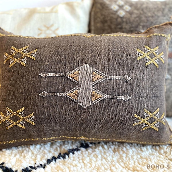 Boho Trendy Dark Bark Cactus Silk 13x21" Lumbar Throw, Hand Woven by Berber Women Moroccan Pillow Sabra Cushion Cover, Optional Inner Pillow