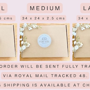 May include: Three rectangular brown cardboard boxes with white floral accents and a circular sticker reading JUST FOR YOU. Sizes are labeled as small 24 x 17 x 2.5 cm, medium 34 x 24 x 2.5 cm, and large 34 x 24 x 5 cm. The boxes are presented in a row.