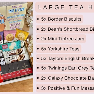 May include: A large tea hamper gift box containing five Border biscuits, two Dean's shortbread biscuits, two mini Tiptree jars, five Yorkshire teas, five Taylors English Breakfast teas, five Twinings Earl Grey teas, two Galaxy chocolate bars, and three message cards.