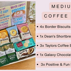 May include: A medium coffee gift box containing four Border biscuits, one Dean's shortbread biscuit pack, three Taylors coffee bags, one Galaxy chocolate bar, and three message cards with text including Today I plan to Relax and Recharge.