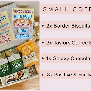 May include: A small coffee gift box containing two packs of Border biscuits, two Taylors coffee bags, one Galaxy chocolate bar, and three message cards with text including Today I plan to Relax and Recharge, Take it Easy, and Words cannot espresso.