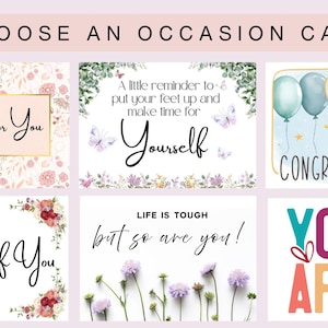 May include: A collection of six rectangular greeting cards with the header CHOOSE AN OCCASION CARD. Designs include floral patterns, butterflies, balloons, and text phrases such as Just For You, Thinking of You, and You Are Enough Brave Worthy.