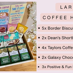 May include: A large coffee hamper gift box containing five Border biscuits, two Dean's shortbread biscuits, four Taylors coffee bags, two Galaxy chocolate bars, and three message cards with text including Today I plan to Relax and Recharge.