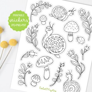 Niedliche Schnecken und Pilze zum Ausmalen druckbare Aufkleber, niedliche dekorative Aufkleber, drucken, färben und schneiden Aufkleberbogen, digitaler Download